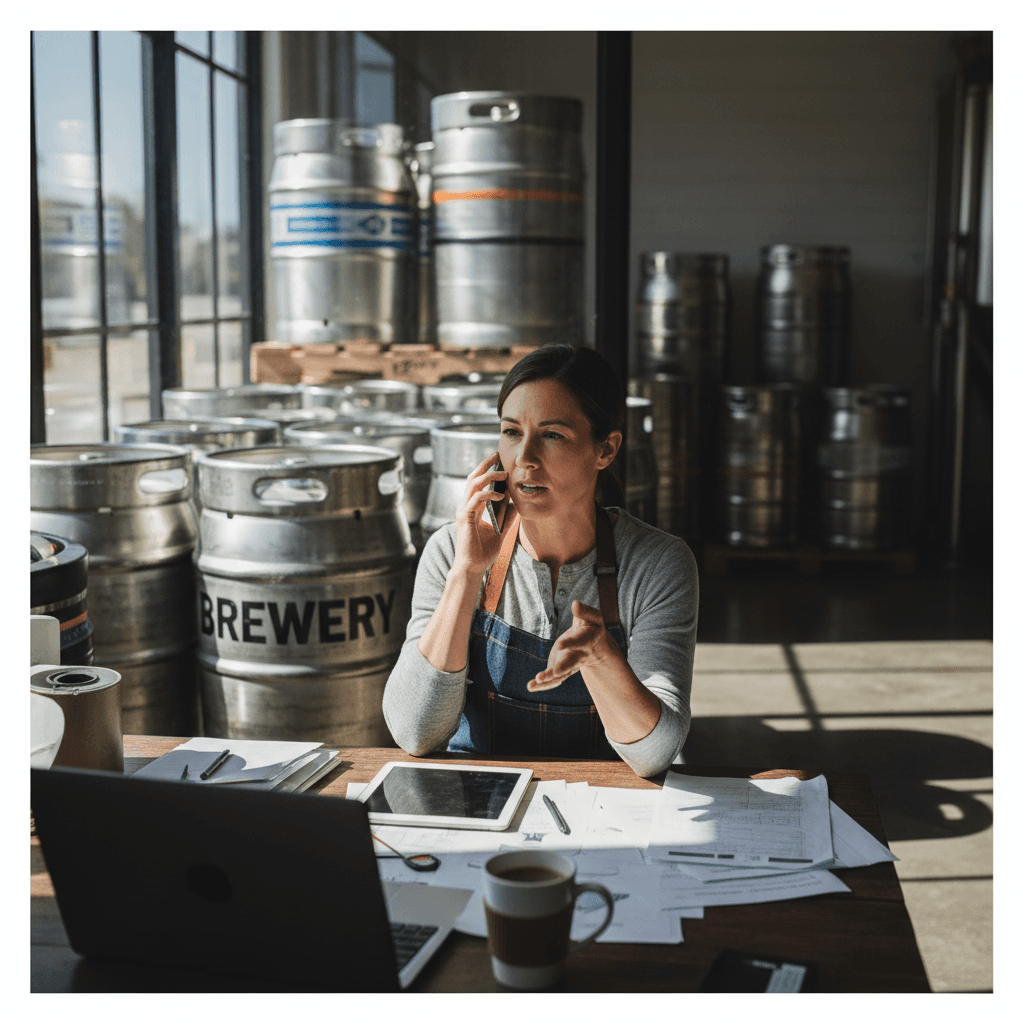 business owner on phone at desk with stainless steel kegs visible in background