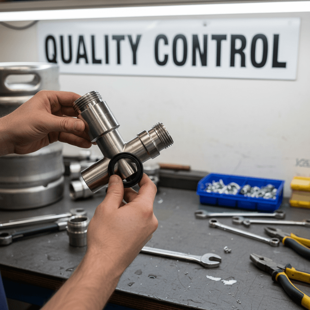 hand inspecting stainless steel keg valve and seal fitting in workshop