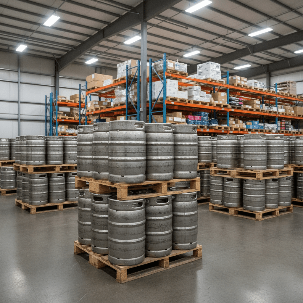 stacked stainless steel kegs on pallet in organized warehouse with industrial shelving