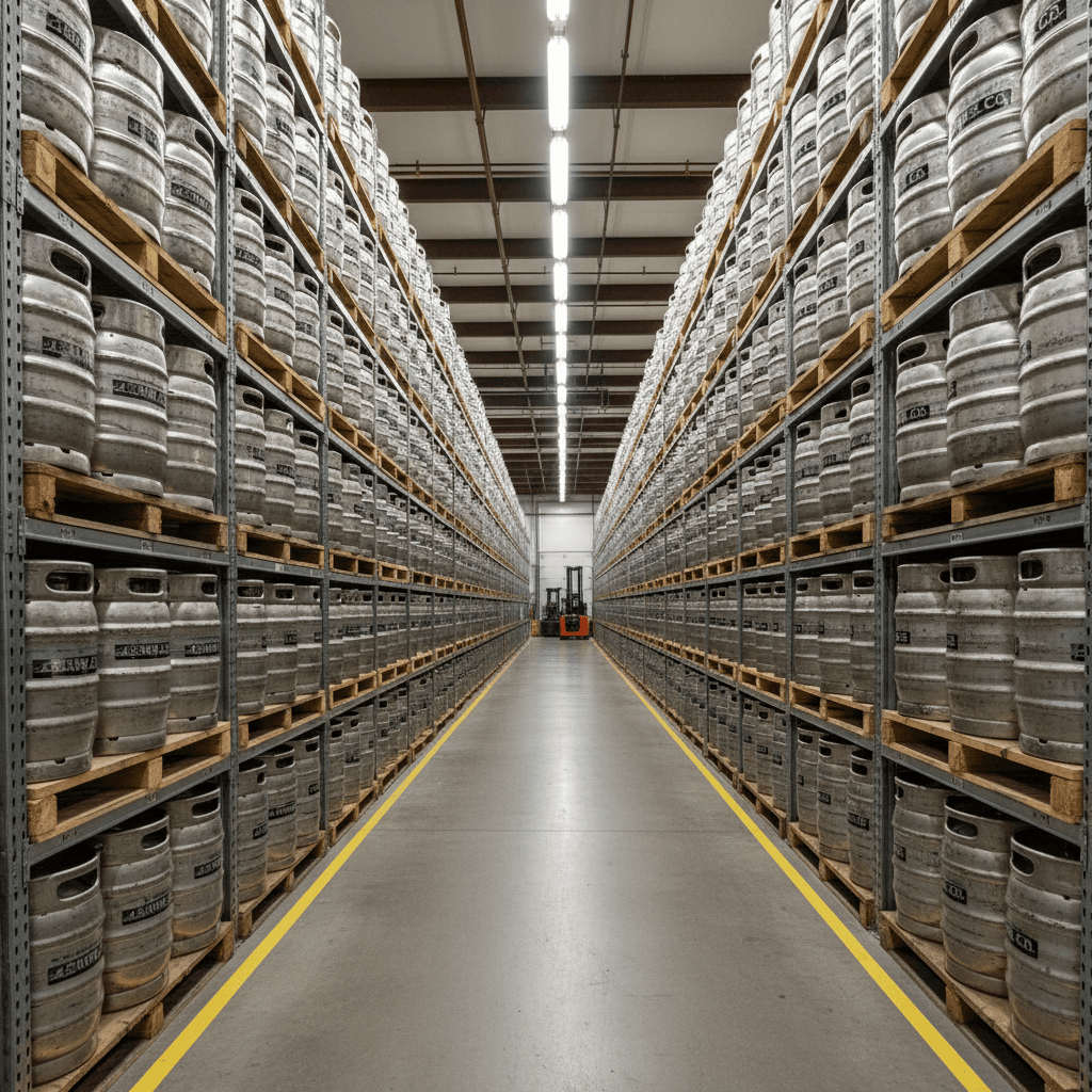 warehouse aisle lined with rows of stacked stainless steel kegs