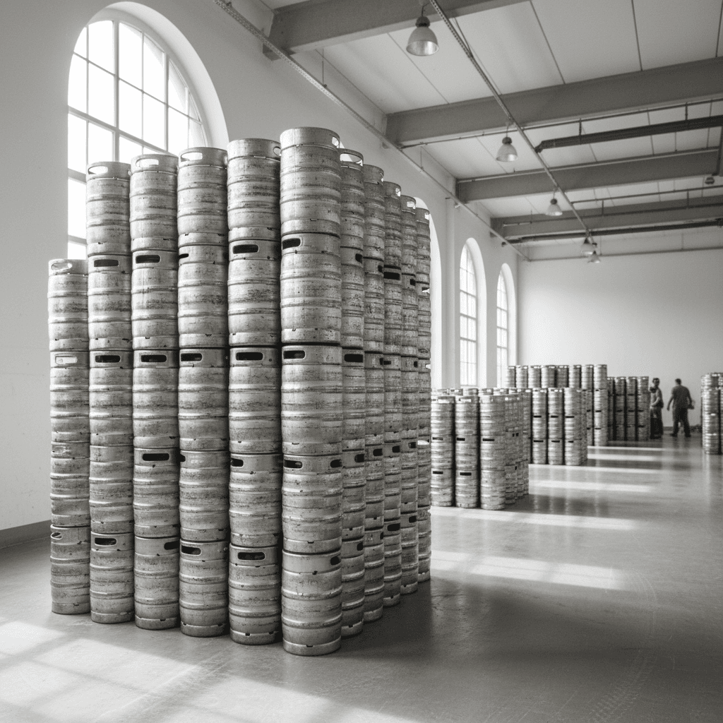 Stack of stainless steel kegs in a warehouse