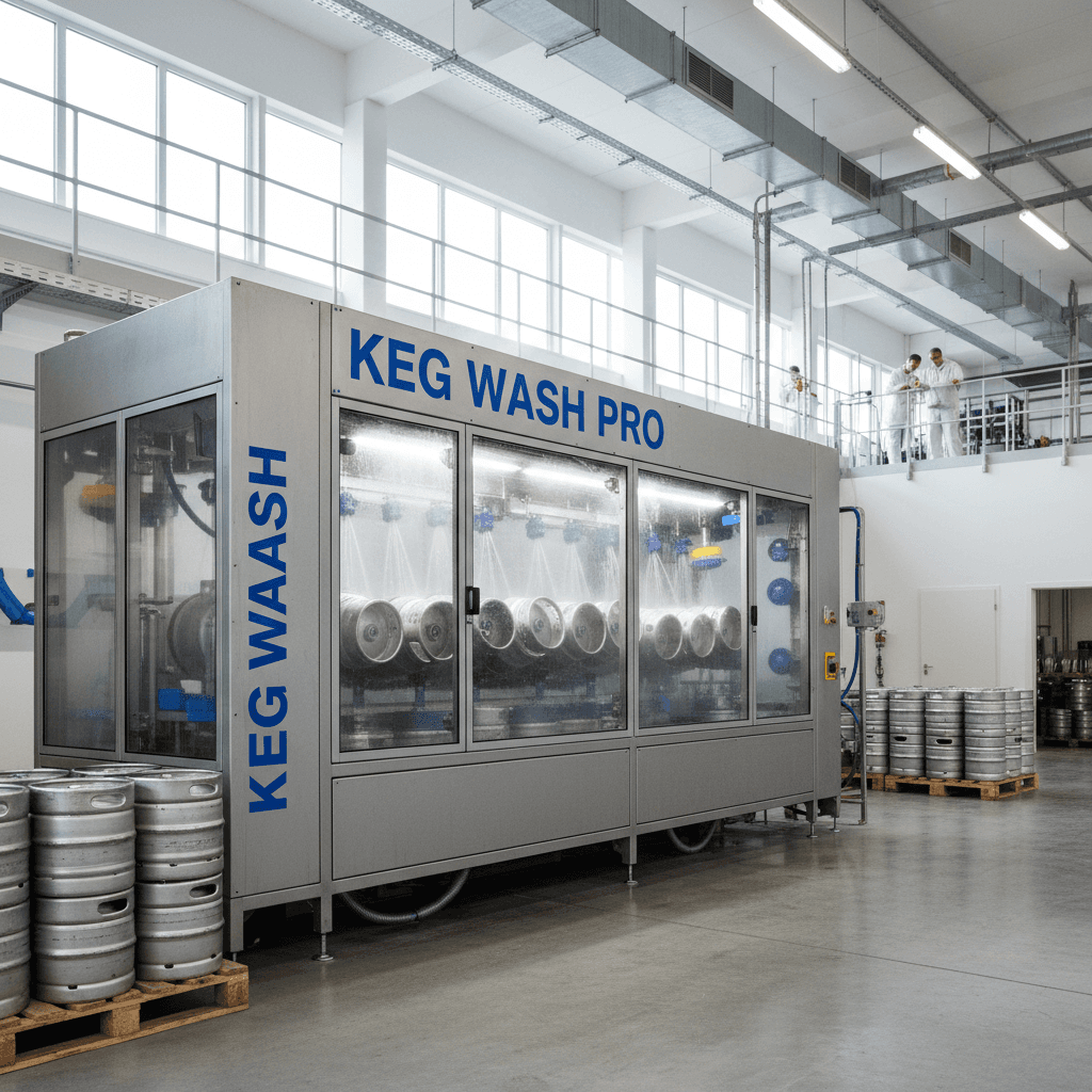 stainless steel kegs being cleaned with industrial washer in bright warehouse facility