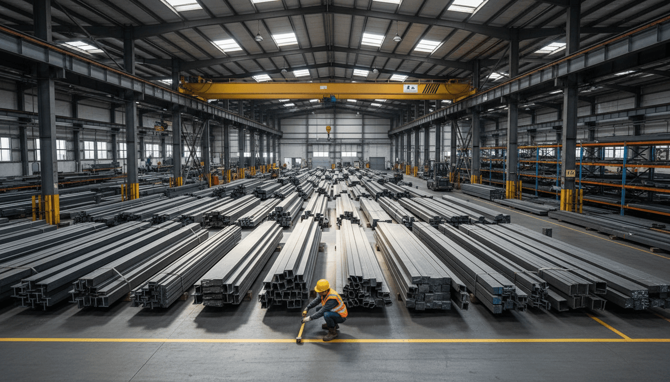 Rows of stainless steel kegs stacked in a warehouse